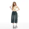 Shorts de Trabajo de Mezclilla Retro Americano con Bolsillos para Mujer, de Cintura Alta, Corte Recto, Ajuste Holgado, Adelgazante, Pierna Ancha, Largo de Tres Cuartos, Azul Mezclilla