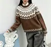 Suéter Fair Isle Cuello Redondo Holgado Talla Grande Bloque de Color Suéter Tejido Jacquard Europeo Americano Transfronterizo Nuevo Otoño Invierno para Mujer