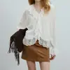 En Stock Mayorista del Fabricante Nuevo Color Sólido Tencel con Volantes Cuello en V Encaje Elegante Relajado Camisa de Manga Larga para Mujer