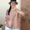 Blusa de punto para mujer de algodón y lino bordada, nuevo estilo de verano, holgada y favorecedora, manga tres cuartos, blusa artística vintage, morado
