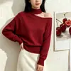 Suéter tejido de punto con cuello halter y hombros descubiertos de manga larga, estilo francés, para mujer, primavera/otoño 2026, diseño irregular, suéter base pullover