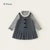 Bangxuan roupas infantis vestido para meninas conjunto de duas peças com gola de renda, vestido colete, blusa de coração com poá, conjunto infantil