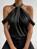 Exportação de Roupas Femininas Europeias e Americanas Design de Nicho Cor Sólida Sem Mangas de Alta Qualidade Camisa de Cetim Feminina com Decote Halter Top de Seda Sintética