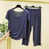 Nuevo Conjunto de Manga Corta de Modal + Pantalones Cortos para Mujer, Holgado y Adecuado para Usar al Aire Libre, Conjunto de Dos Piezas con Pantalones Cortos Casuales con Volantes