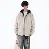 Jaqueta com capuz de duas peças falsas da moda estilo americano para primavera e outono, jaqueta de couro casual masculina estilosa e versátil
