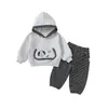 Conjunto com Capuz de Cachorrinho Infantil Primavera/Outono Meninos Cinza Hoodie + Calça Longa Listrada Conjunto de Duas Peças