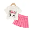 Conjunto Infantil de Verano Lindo Estilo Academia Coreana para Niñas, Camiseta con Estampado de Gato y Falda Plisada, Venta Caliente Transfronteriza