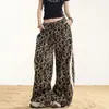 Calça Larga Feminina Estampa de Leopardo Retro Americana Nova Solta Emagrecedora Calça Banana Hot Girl Perna Reta Listrada Casual Longa