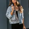 Estação Independente Nova da Amazon Transfronteiriça Jaqueta Jeans Manga Longa Feminina Jaqueta Feminina Europeia e Americana Top com Costura Estampada de Leopardo