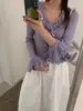 Top de punto blanco con cuello en V y volantes para mujer, otoño e invierno, suave y seductor, adelgazante, talla única, disponible en negro, albaricoque, rosa y morado