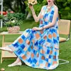 Vestido de algodão e seda sem mangas de alta qualidade, estilo jovem, para mulheres, vestido de verão para férias na praia, plus size, para mulheres de meia-idade, vestido Sanya, vestido de praia