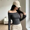 Camiseta de manga comprida ombro a ombro para mulheres, outono e inverno, justa, sexy, com design listrado, top da moda