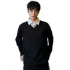 Suéter de tricô tipo polo falso duas peças estilo alto QI para homens, estação outono e inverno, toque de designer, suéter de tricô old money