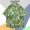 Camisa de Manga Corta Estilo Hong Kong Vintage Retro Pintura al Óleo para Hombre Tendencia Costera Camisa Floral Holgada para Pareja Guapa Chaqueta