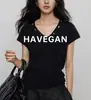 Camiseta de Tricô Manga Curta com Decote V Havegan/Verão para Mulheres com Ombros Normais 2026 Nova Blusa Elástica