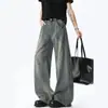 Jeans curvo com padrão de bambu lavado da moda de rua americana para homens e mulheres, calças casuais da moda de outono com silhueta larga retrô desgastada