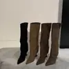 Botas Country Western de Salto Alto Bico Fino Retrô 2026 Novo Estilo Elegantes da Moda Afinando Panturrilha Ampla Botas de Camurça Franzidas