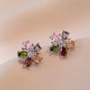 Aretes para Mujer, Estilo Coreano y Japonés, Estilo de Celebridad de Internet de Moda, Diamante Brillante, Diseño de Nicho, Aretes de Tuerca de Zircón de Flor Colorida para Mujer