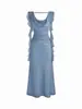 Vestido de Malla de Verano de Alta Gama para Mujer con Diseño Exquisito, Cuello Oscilante, Espalda Descubierta, Diseño de Cinta, Corte Ajustado, Elegante Vestido Largo
