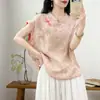 Camisa de Ramie Pura de Manga Curta para Mulheres, Estilo Fino de Verão, Fresca e Respirável, Novo Estilo Chinês, Gola Diagonal, Abotoada, Blusa Estampada Estilo Nacional