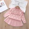 Conjunto de duas peças para meninas fofo e doce, suéter de tricô com bolinhas e saia plissada, para meninas pequenas e médias, saia de terno estilo ocidental princesa