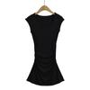 Vestido Sexy de Spice Girl de Cuello Cuadrado Grande y Manga Corta Estilo Deseo Puro Forma A Cintura Plisada Corto Verano Color Sólido Falda Corta