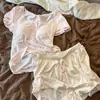 Pijama Francés Dulce de Manga Corta con Busto Acolchado para Mujer, Verano, Se Puede Usar al Aire Libre, Ribete de Encaje, Conjunto Cómodo para Estar en Casa, Verano