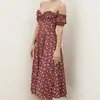 Moda Femenina Europea y Americana Primavera/Verano 2026 Ajustado Elegante Floral Dobladillo Dividido Hombros Descubiertos Sin Tirantes Vestido Largo Manga Corta