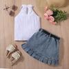 Ropa infantil transfronteriza de Amazon SHEIN chaleco liso para niñas top sin mangas traje de falda plisada de mezclilla con bolsa abierta