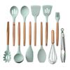 Barril de armazenamento verde fresco cabo de madeira de silicone conjunto de utensílios de cozinha de 11 peças