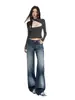 YECHUAN # Jeans lavados con patrón de ráfaga de rayo vintage para mujer, diseño de hebilla de París de otoño, pantalones rectos holgados