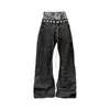 Jeans de retazos con estampado de leopardo y estrellas de doble cintura estilo retro americano Y2K transfronterizos, pantalones holgados unisex de subcultura, modernos