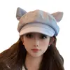 Chapéu Oitavado Fofo Estilo Japonês com Orelhas de Gato 3D para Mulheres, Boina, Versátil para Primavera e Outono, Circunferência da Cabeça Grande, Boina Afina-Rosto