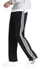 Calça esportiva de verão para homens, calça casual solta de perna reta, calça escolar com três listras, calça fina versátil de tamanho grande