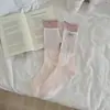 Meias estilo miu estilo coreano cores contrastantes barra dupla canelada etiqueta interna de tecido meias de cano médio barra dobrada doce meias largas sem costura meias longas