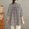 Foto Real da Nova Camisa Floral de Algodão Veludo Primavera e Verão para Mulheres, Corte Solto, Mangas Três Quartos, Gola V, Top Estiloso, Camisa Estampada