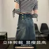 Saia Jeans Feminina 2025 Primavera e Outono Nova Cintura Alta Emagrecedora Cinza Cimento Fenda Saia Evasê Quadril Comprimento Médio