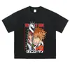 Camiseta estampada, lavada e com efeito desgastado, manga curta, estilo anime japonês, retrô, oversized, ombro caído, modelagem solta, top moderno de meia manga, disponível em estoque