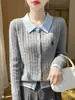 26 Nuevo Estilo Primavera y Otoño Cárdigan 100% Lana Pura para Mujer con Solapa, Bloques de Color, Suéter Bordado, Chaqueta de Punto de Cachemira Holgada