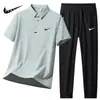 Camisa Polo Esportiva de Seda de Gelo Terno Masculino Verão Fino Respirável Secagem Rápida Manga Curta Calça Casual Conjunto de Duas Peças Masculino