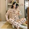 Renda de Borboleta Verde Cinza Outono Novo Algodão Nuvem com Bojos Pijama Feminino Manga Longa Calça Longa Solto Roupa de Casa