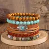 Transfronterizo Nuevo de Gran Venta Hecho a Mano con Cuentas de Madera Turquesa Juego de Cinco Piezas Estilo Bohemio Hilo Elástico Pulsera para Hombre