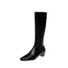 Botas Altas Delgadas Esencia de Pierna Estilo Coreano 2026 Otoño/Invierno Tacón Medio Grueso Punta Cuadrada Elásticas Circunferencia de Pantorrilla Pequeña Ajustadas que Envuelven la Pierna Botas Largas para Mujer