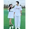 Verão [Algodão Penteado Puro] Conjuntos Combinando Únicos para Casais Versátil Camiseta de Manga Curta Solta Top para Mulheres Marca Tendência
