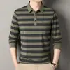 Camiseta de Manga Larga para Hombre Primavera y Otoño Nueva Casual Cuello de Solapa Hombres de Mediana Edad Raya Ancha Manga Larga Camisa Base Polo Hombre