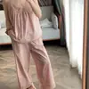 Conjunto de dos piezas de pijama para mujer estilo francés con ribete de encaje, color rosa nude suave, para verano, talla grande, camisola y pantalón largo, dos piezas de ropa para el hogar amigable con la piel