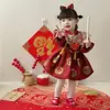 Vestido Nuevo de Otoño para Bebé Niña de Un Año Rojo Festivo Estilo Chino Vestido para Fiesta de Cumpleaños Estilo Chino Vestido para Fiesta de Cumpleaños de Un Año Vestido con Corona para Fiesta