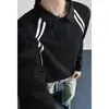 Otoño 2026 Nueva Camiseta Fresca de Estilo Americano de Marca de Moda con Parches Rayas Mangas Largas Hombro Normal de Peso Pesado y Cuello de Solapa Casual