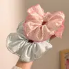 Goma para el pelo de cuadros extragrande con adorno de encaje y un dulce lazo de estilo perezoso, Goma para coleta, Accesorio elástico para el pelo
