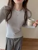 Camiseta Básica de Gola Redonda em Mistura de Cashmere, Cor Sólida, Estilo Simples, Camada Interna, Camiseta Base para Mulheres, Manga Regular, Peça de Roupa Externa, Top Emagrecedor